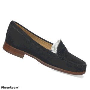 Black Suede Penny Loafers with Moccasin Stitching